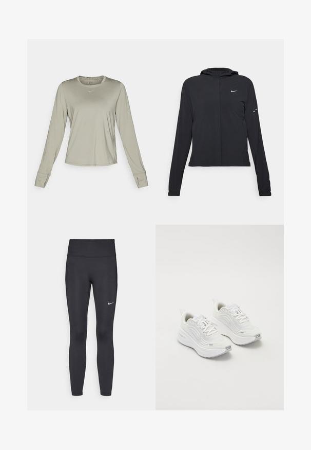Sort hættetrøje med lange ærmer, lavet af letvægtsmateriale. Har en frontlynlås, et Nike-logo og subtile designaccenter.; Nike Performance ONE CLASSIC TOP - Langærmet T-shirt - light army/black; Sorte leggings lavet af strækbart stof, med en høj talje og et hvidt Nike-logo på venstre lår. Glat tekstur, tætsiddende design.; Hvide sportssko med en struktureret mesh-overdel, polstret sål og subtile grå accenter. Inkluderer branding og en løkke i hælen for nem påtagning.