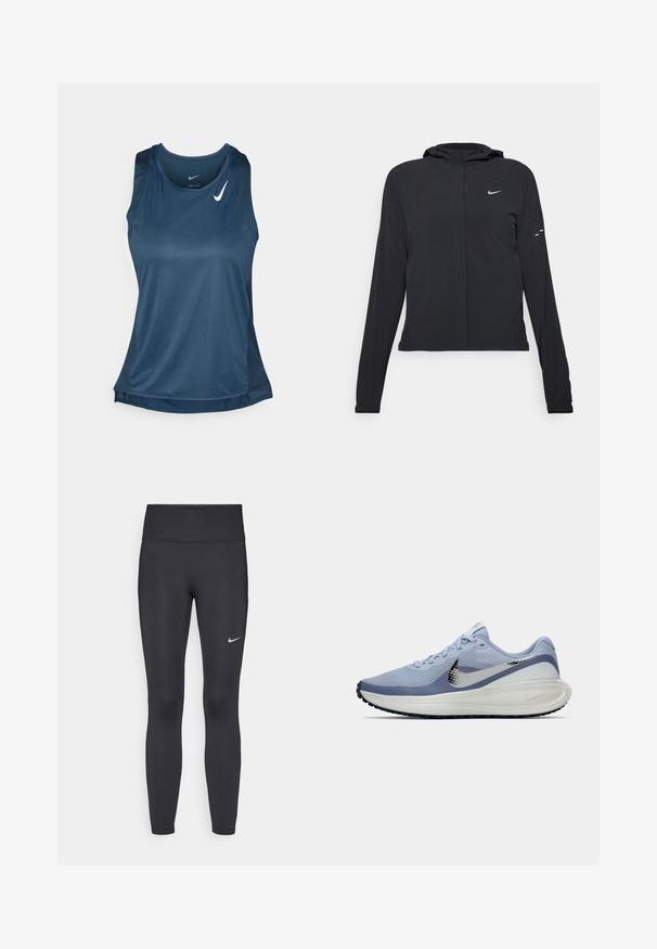 Casaco preto com capuz e mangas longas, feito de material leve. Apresenta um fecho dourado na frente, um logótipo da Nike e detalhes de design subtis.; Nike Performance FAST TANK - Top - armory navy/reflective silver; Leggings pretos feitos de tecido elástico, com uma cintura alta e um logo branco da Nike na coxa esquerda. Textura suave, design ajustado ao corpo.; Sapatilha de corrida Nike azul claro e branca com o swoosh prateado, parte superior de malha respirável, sola acolchoada e sola preta.