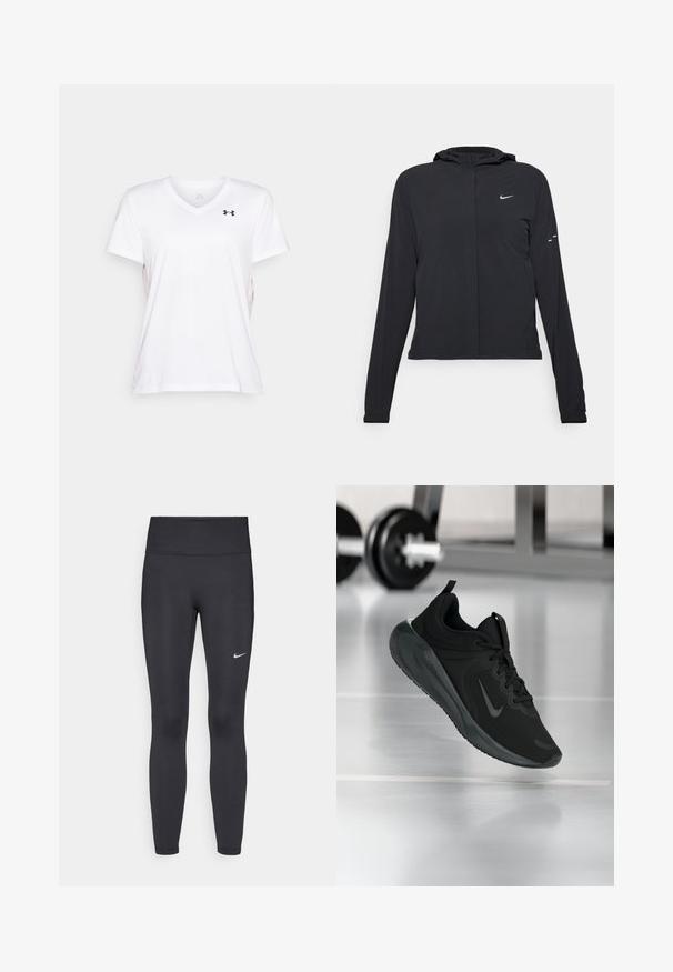 Crna jakna s kapuljačom i dugim rukavima, izrađena od laganog materijala. Ima prednji patentni zatvarač, Nike logo i suptilne dizajnerske detalje.; Bijela majica s V izrezom napravljena od lagane tkanine, s kratkim rukavima i malim crnim logotipom na lijevoj strani prsnog koša. Glatka tekstura.; Crne tajice izrađene od rastezljivog materijala, s visokim strukom i bijelim Nike logotipom na lijevom bedru. Glatka tekstura, dizajn koji prati obline.; Crna sportska tenisica s Nike logotipom, prikazana u zraku na podu teretane, s mutnom stalcem za bučice u pozadini.