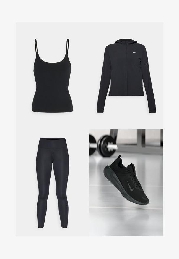 Fekete kapucnis dzseki hosszú ujjakkal, könnyű anyagból készült. Elülső cipzárral, Nike logóval és diszkrét dizájn elemekkel rendelkezik.; Fekete tartálytop vékony pántokkal, puha, rugalmas anyagból készült, fitted sziluettel és lekerekített nyakkivágással.; Fekete leggings sima, rugalmas anyagból. Magas derék, látható minták vagy díszítések nélkül. Szorosan illeszkedik a derektól a bokáig.; Fekete sportcipő Nike logóval, amely a levegőben látható az edzőterem padlóján, a háttérben elmosódott kézi súlyzó állvánnyal.