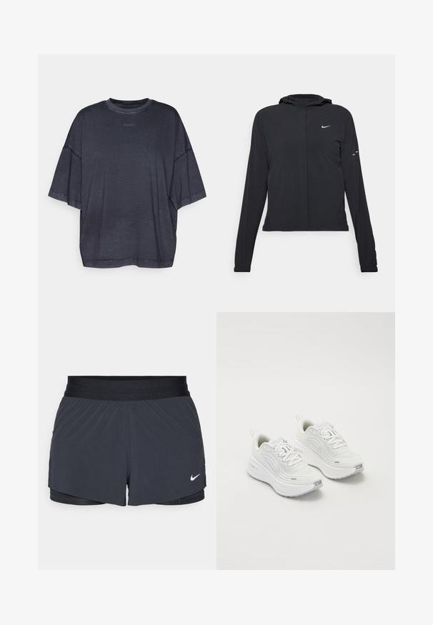 Svart hettegenser med lange ermer, laget av lett materiale. Har glidelås foran, Nike-logo og subtile design detaljer.; Overdimensjonert mørk grå t-skjorte laget av myk stoff, med rund hals og senkede skuldersømmer for en avslappet passform.; Sorte treningshorts med elastisk midjebånd, med lagdelt design og liten hvit Nike-logo på nederste venstre side. Lett materiale.; Hvite joggesko med et teksturert mesh-overdel, polstret såle og subtile grå aksenter. Inkluderer merkevare og løkke på hælen for enkel påkledning.