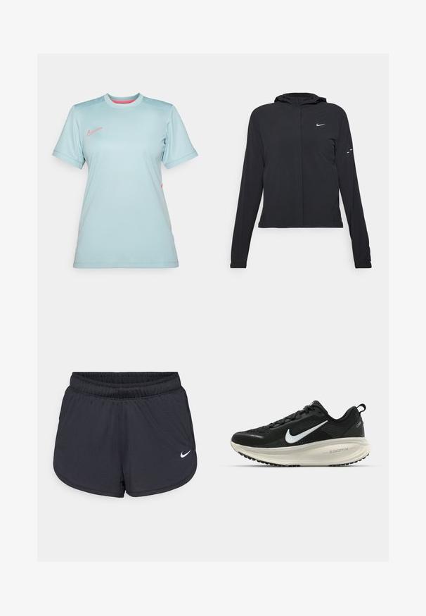 Casaco preto com capuz e mangas longas, feito de material leve. Apresenta um fecho dourado na frente, um logótipo da Nike e detalhes de design subtis.; Camisola atlética azul claro com mangas curtas, decote redondo e logótipo rosa da Nike no peito. Tecido suave e que absorve a humidade.; Calções atléticos pretos com cintura elástica, apresentando um design desportivo e um logótipo Nike branco na parte inferior da frente. Tecido texturizado.; Sapatilha de corrida Nike preta com parte superior de malha respirável, logotipo Swoosh branco, detalhes texturizados e uma entressola ZoomX na cor creme.