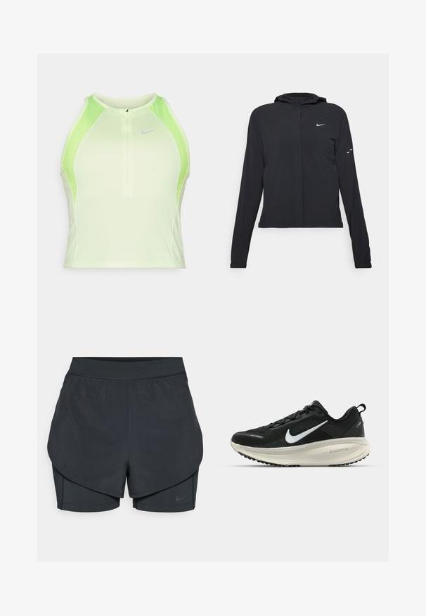 Veste à capuche noire avec des manches longues, fabriquée en matériau léger. Elle comporte une fermeture éclair à l'avant, un logo Nike et des accents de design subtils.; Haut sans manches ajusté en vert clair avec des panneaux en mesh respirants. Doté d'une fermeture éclair à l'avant et d'un logo Nike subtil. Texture lisse.; Shorts de sport noirs avec un design superposé, présentant une couche extérieure lisse et des shorts intérieurs ajustés. Fabriqués en tissu léger et extensible.; Baskets de course noir Nike avec tige respirante en mesh, logo swoosh blanc, détails texturés et semelle intermédiaire ZoomX de couleur crème.