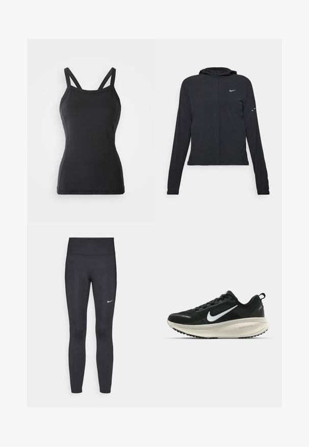 Svart hettegenser med lange ermer, laget av lett materiale. Har glidelås foran, Nike-logo og subtile design detaljer.; Svart tanktopp med et figursydd design, laget av glatte stoffer. Har tynne, justerbare stropper og rund halslinning. Ingen mønstre eller detaljer.; Sorte leggings laget av elastisk stoff, med høy livlinje og en hvit Nike-logo på venstre lår. Glatt tekstur, kroppsnær passform.; Svart Nike løpesko med pustende mesh-overdel, hvit swoosh-logo, teksturert detaljer og en kremfarget ZoomX mellomsåle.