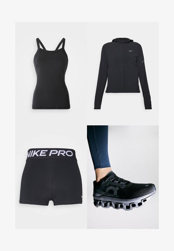 Fekete kapucnis dzseki hosszú ujjakkal, könnyű anyagból készült. Elülső cipzárral, Nike logóval és diszkrét dizájn elemekkel rendelkezik.; Fekete, testhezálló pántos felső, sima anyagból készült. Vékony, állítható pántokkal és kerek nyakkivágással rendelkezik. Minták vagy díszítések nincsenek.; Fekete sportnadrág széles fekete derékkal, amelyen fehér színnel olvasható a "NIKE PRO" felirat. Simító, rugalmas anyag és hemzsérelés láthatók.; Fekete futócipő texturált felsőrésszel és egyedi szegmentált dizájnnal rendelkező jellegzetes középtalppal. Az oldalsó logóval van kiemelve.