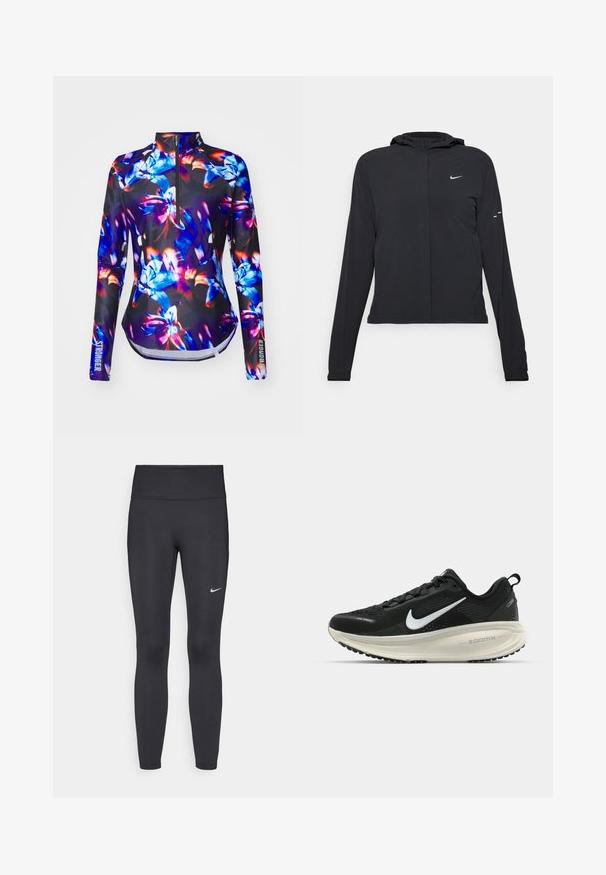 Mustassa hupparissa on pitkät hihat, ja se on valmistettu kevyestä materiaalista. Siinä on edessä vetoketju, Nike-logo ja hillityt muotoiluyksityiskohdat.; Stronger PACE HALF ZIP - Pitkähihainen paita - blue; Mustat leggingsit joustavasta kankaasta, joissa on korkea vyötärö ja valkoinen Nike-logo vasemmassa reidessä. Sileä pinta, muotoaan myötäilevä suunnittelu.; Mustat Nike-juoksukengät, joissa on hengittävä verkko-osa, valkoinen swoosh-logo, teksturoitu yksityiskohtaus ja kermaisen värinen ZoomX-välipohja.