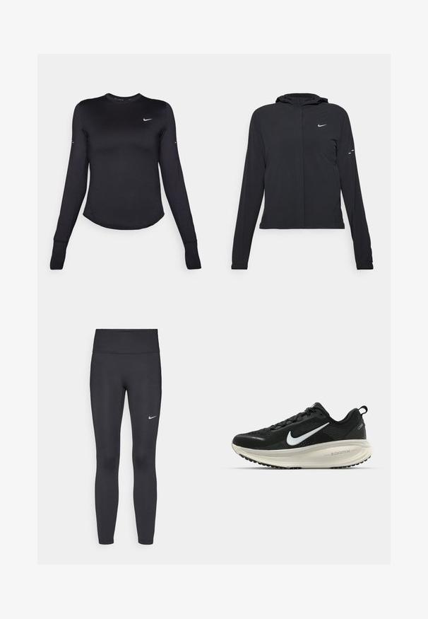 Sort hættetrøje med lange ærmer, lavet af letvægtsmateriale. Har en frontlynlås, et Nike-logo og subtile designaccenter.; Sort langærmet træningsshirt lavet af glat, strækbart materiale. Har en afrundet kant og et lille hvidt Nike-logo på brystet.; Sorte leggings lavet af strækbart stof, med en høj talje og et hvidt Nike-logo på venstre lår. Glat tekstur, tætsiddende design.; Sort Nike løbesko med åndbart mesh-overdel, hvidt swoosh-logo, tekstureret detaljering og en cremede ZoomX mellemsål.