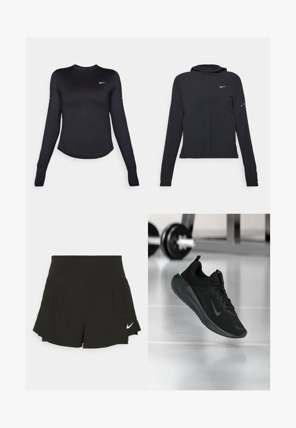 Chaqueta negra con capucha y mangas largas, hecha de un material ligero. Presenta un cierre frontal, un logo de Nike y acentos de diseño sutiles.; Camiseta atlética negra de manga larga hecha de material suave y elástico. Presenta un dobladillo redondeado y un pequeño logo blanco de Nike en el pecho.; Shorts deportivos negros con una cintura ancha, detalles plisados, dobladillo curvado y el logo de Nike en blanco en la parte inferior derecha.; Zapatilla deportiva negra con el logo de Nike, mostrada en el aire sobre el suelo del gimnasio, con un soporte de mancuernas desenfocado en el fondo.