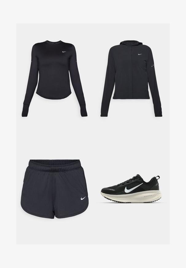 Veste à capuche noire avec des manches longues, fabriquée en matériau léger. Elle comporte une fermeture éclair à l'avant, un logo Nike et des accents de design subtils.; T-shirt de sport à manches longues noir en matériau lisse et extensible. Il présente un ourlet arrondi et un petit logo Nike blanc sur la poitrine.; Shorts de sport noirs en tissu léger et respirant. Dotés d'une taille élastique et d'un logo Nike blanc sur le bas à droite.; Baskets de course noir Nike avec tige respirante en mesh, logo swoosh blanc, détails texturés et semelle intermédiaire ZoomX de couleur crème.