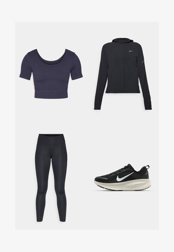 Casaco preto com capuz e mangas longas, feito de material leve. Apresenta um fecho dourado na frente, um logótipo da Nike e detalhes de design subtis.; Top cropped azul-marinho com mangas curtas, feito de tecido canelado. Apresenta um decote arredondado e um design ajustado.; Leggings pretas feitos de um tecido liso e elástico. Cintura alta sem padrões ou detalhes visíveis. Ajustam-se de forma justa da cintura até os tornozelos.; Sapatilha de corrida Nike preta com parte superior de malha respirável, logotipo Swoosh branco, detalhes texturizados e uma entressola ZoomX na cor creme.