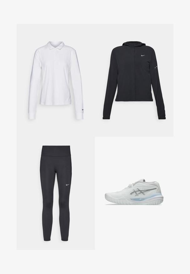 Mustassa hupparissa on pitkät hihat, ja se on valmistettu kevyestä materiaalista. Siinä on edessä vetoketju, Nike-logo ja hillityt muotoiluyksityiskohdat.; Valkoinen pitkähiha polo-paita, jossa on kaulus, nappilista ja musta Nike Swoosh -logo vasemmassa hihassa. Silkkinen puuvillakangas.; Mustat leggingsit joustavasta kankaasta, joissa on korkea vyötärö ja valkoinen Nike-logo vasemmassa reidessä. Sileä pinta, muotoaan myötäilevä suunnittelu.; Valkoiset urheilukengät, joissa on teksturoitu päällinen, läpinäkyvällä sinisellä pohjalla ja hienovaraisella harmaalla brändäyksellä sivussa. Pyöreä kärki ja matala profiili.