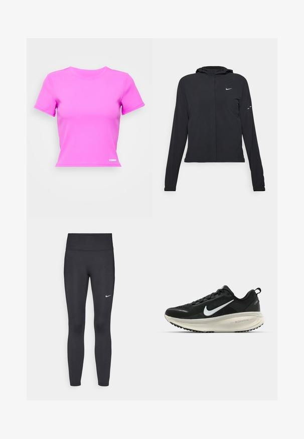 Črna kapuča s dolgimi rokavi, izdelana iz lahkega materiala. Ima sprednji zadrgo, logotip Nike in subtilne oblikovne detajle.; Stronger CROP TEE - Navadna majica - magenta; Črne legice iz elastične tkanine, z visokim pasom in belim Nike logo na levem stegnu. Gladka tekstura, oblikovno prilegajoč dizajn.; Črne Nike tekaške čevlje z zračno mrežno zgornjim delom, belim logotipom Swoosh, teksturiranimi detajli in smetanasto barvnim srednjim delom ZoomX.