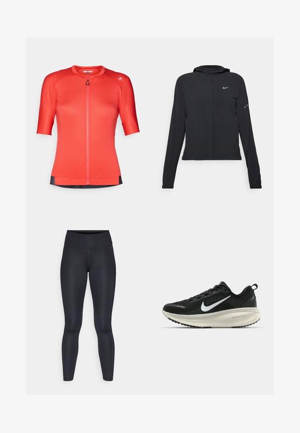 Casaco preto com capuz e mangas longas, feito de material leve. Apresenta um fecho dourado na frente, um logótipo da Nike e detalhes de design subtis.; Jersey de ciclismo vermelho de mangas curtas com fecho frontal, tecido texturizado e barra preta em contraste. Apresenta um colarinho redondo e detalhe do logótipo.; Leggings pretas feitos de um tecido liso e elástico. Cintura alta sem padrões ou detalhes visíveis. Ajustam-se de forma justa da cintura até os tornozelos.; Sapatilha de corrida Nike preta com parte superior de malha respirável, logotipo Swoosh branco, detalhes texturizados e uma entressola ZoomX na cor creme.