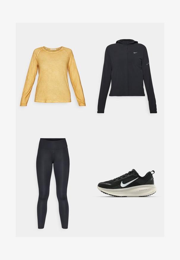 Čierna kapucňová bunda s dlhou rukávou, vyrobená z ľahkého materiálu. Má predný zips, logo Nike a jemné dizajnové akcenty.; Yogasearcher BIONIKARA - Top s dlhým rukávom - curry; Čierne legíny vyrobené z hladkej, elastickej tkaniny. Vysoký pás bez viditeľných vzorov alebo akcentov. Úzke od pásu po členky.; Čierne bežecké topánky Nike s priedušnou sieťovinou, bielym logom s symbolom swoosh, textúrovanými detailmi a krémovou ZoomX medzipodrážkou.