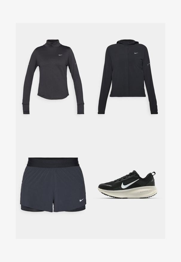 Casaco preto com capuz e mangas longas, feito de material leve. Apresenta um fecho dourado na frente, um logótipo da Nike e detalhes de design subtis.; Camisola preta de manga longa com gola alta, com um padrão texturizado subtil, apresentando um pequeno logótipo branco da Nike no peito e buracos para os polegares nos punhos.; Calças curtas de atletismo pretas com um cós elástico, apresentando um design em camadas e um pequeno logótipo da Nike em branco no canto inferior esquerdo. Material leve.; Sapatilha de corrida Nike preta com parte superior de malha respirável, logotipo Swoosh branco, detalhes texturizados e uma entressola ZoomX na cor creme.