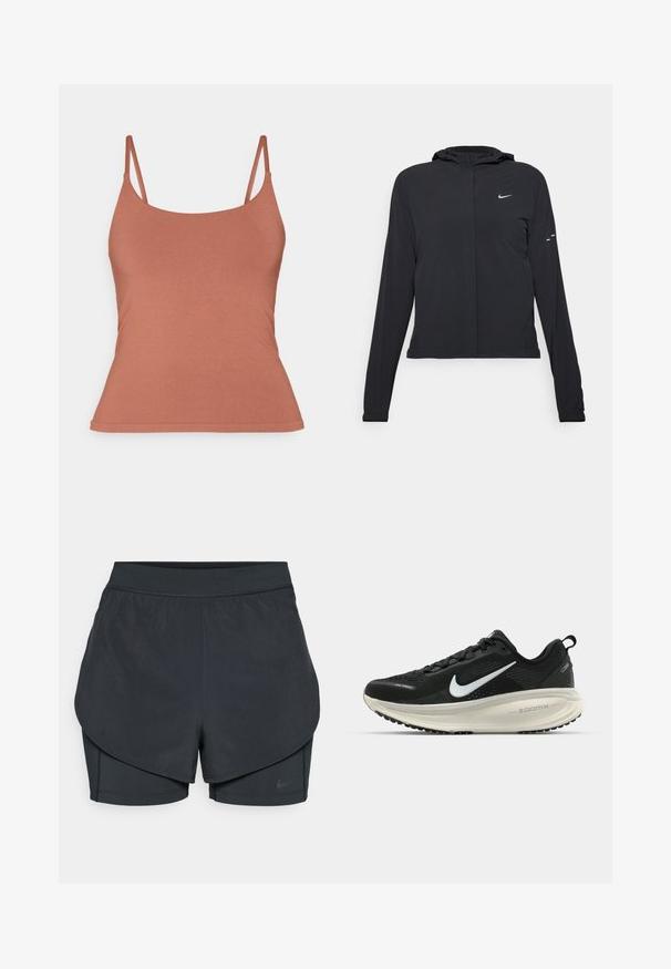 Zwarte kaptrui met lange mouwen, gemaakt van lichtgewicht materiaal. Voorzien van een ritssluiting aan de voorkant, een Nike-logo en subtiele ontwerpelementen.; Yogasearcher Top - cedar; Zwarte sportshorts met een gelaagd ontwerp, voorzien van een gladde buitenlaag en aansluitende binnen shorts. Gemaakt van lichtgewicht, rekbare stof.; Zwarte Nike hardloopschoen met ademend mesh bovenwerk, witte swoosh-logo, gestructureerde details en een crèmekleurige ZoomX middenzool.
