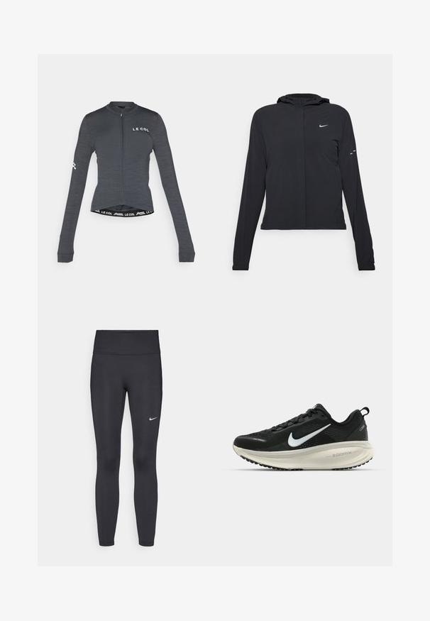 Casaco preto com capuz e mangas longas, feito de material leve. Apresenta um fecho dourado na frente, um logótipo da Nike e detalhes de design subtis.; Camisa de ciclismo de manga longa cinza escuro com fecho éclair completo, com a marca "LE COL" no peito e um detalhe em contraste na cintura.; Leggings pretos feitos de tecido elástico, com uma cintura alta e um logo branco da Nike na coxa esquerda. Textura suave, design ajustado ao corpo.; Sapatilha de corrida Nike preta com parte superior de malha respirável, logotipo Swoosh branco, detalhes texturizados e uma entressola ZoomX na cor creme.
