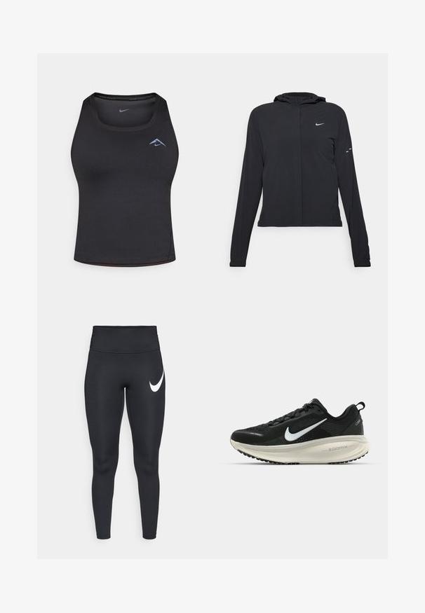 Zwarte kaptrui met lange mouwen, gemaakt van lichtgewicht materiaal. Voorzien van een ritssluiting aan de voorkant, een Nike-logo en subtiele ontwerpelementen.; Zwarte sportieve tanktop met ronde halslijn, gemaakt van rekbaar materiaal. Heeft een klein blauw logo op de borst en een getailleerde pasvorm.; Zwarte high-waisted sportleggings met een wit Nike swoosh-logo op de bovenste linker bovenbeen tegen een witte achtergrond.; Zwarte Nike hardloopschoen met ademend mesh bovenwerk, witte swoosh-logo, gestructureerde details en een crèmekleurige ZoomX middenzool.