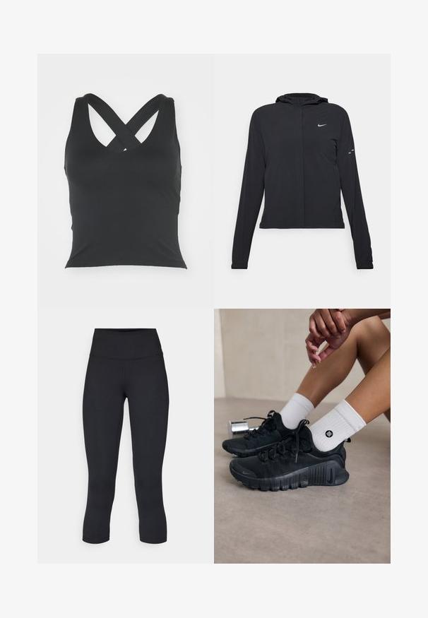 Zwarte kaptrui met lange mouwen, gemaakt van lichtgewicht materiaal. Voorzien van een ritssluiting aan de voorkant, een Nike-logo en subtiele ontwerpelementen.; Zwarte tanktop met een ronde hals en gekruiste bandjes op de rug. Gemaakt van een gladde stof met een getailleerde snit en zonder zichtbare versieringen.; Zwarte cropped leggings van rekbaar materiaal, met een hoge tailleband en een gladde textuur, zonder zichtbare patronen of hardware.; Zwarte sport schoenen van een gestructureerde stof, met vetersluiting en een opvallende zool, gecombineerd met witte geribbelde sokken met een klein logo.