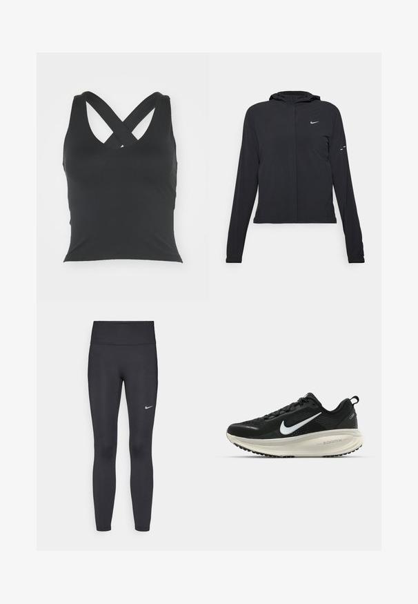Mustassa hupparissa on pitkät hihat, ja se on valmistettu kevyestä materiaalista. Siinä on edessä vetoketju, Nike-logo ja hillityt muotoiluyksityiskohdat.; Mustat hihaton paita, jossa on avonainen pääntie ja ristikkäiset olkahihnat selässä. Valmistettu sileästä kankaasta, jossa on tiukka siluetti eikä näkyviä koristeita.; Mustat leggingsit joustavasta kankaasta, joissa on korkea vyötärö ja valkoinen Nike-logo vasemmassa reidessä. Sileä pinta, muotoaan myötäilevä suunnittelu.; Mustat Nike-juoksukengät, joissa on hengittävä verkko-osa, valkoinen swoosh-logo, teksturoitu yksityiskohtaus ja kermaisen värinen ZoomX-välipohja.