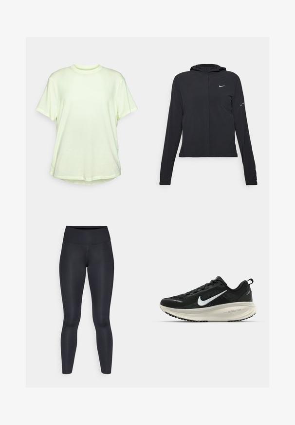 Must musta kapuutsiga jakk, millel on pikad varrukad ja mis on valmistatud kergetest materjalidest. Omab esitaskut, Nike logo ja kergelt silmatorkavaid disainiaktsente.; Kerge roheline lühikeste varrukatega T-särk ümarate kaelustega, mugav lõige, pehme tekstuur ja kergelt kõverad servad.; Mustad mustad, mis on valmistatud siledast ja venivast kangast. Kõrge vöökoht, ilma nähtavate mustrite või aksessuaarideta. Sobivad tihedalt puusadelt kuni pahkluuni.; Musthave mustus Nike jooksujalats, millel on hingav võrgust ülemine osa, valge swoosh logo, tekstuuriga detailid ja kreemja värvusega ZoomX vahevöö.