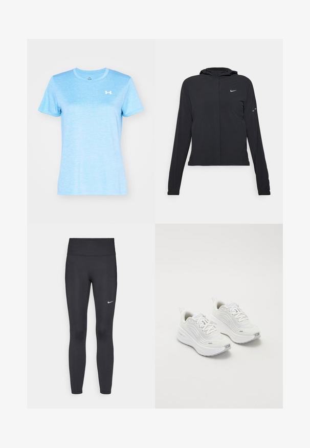 Svart hettegenser med lange ermer, laget av lett materiale. Har glidelås foran, Nike-logo og subtile design detaljer.; Lyseblå kortermet t-skjorte laget av et mykt, teksturert stoff. Har en hvit logo på venstre brystområde. Klassisk rundhalsdesignet.; Sorte leggings laget av elastisk stoff, med høy livlinje og en hvit Nike-logo på venstre lår. Glatt tekstur, kroppsnær passform.; Hvite joggesko med et teksturert mesh-overdel, polstret såle og subtile grå aksenter. Inkluderer merkevare og løkke på hælen for enkel påkledning.