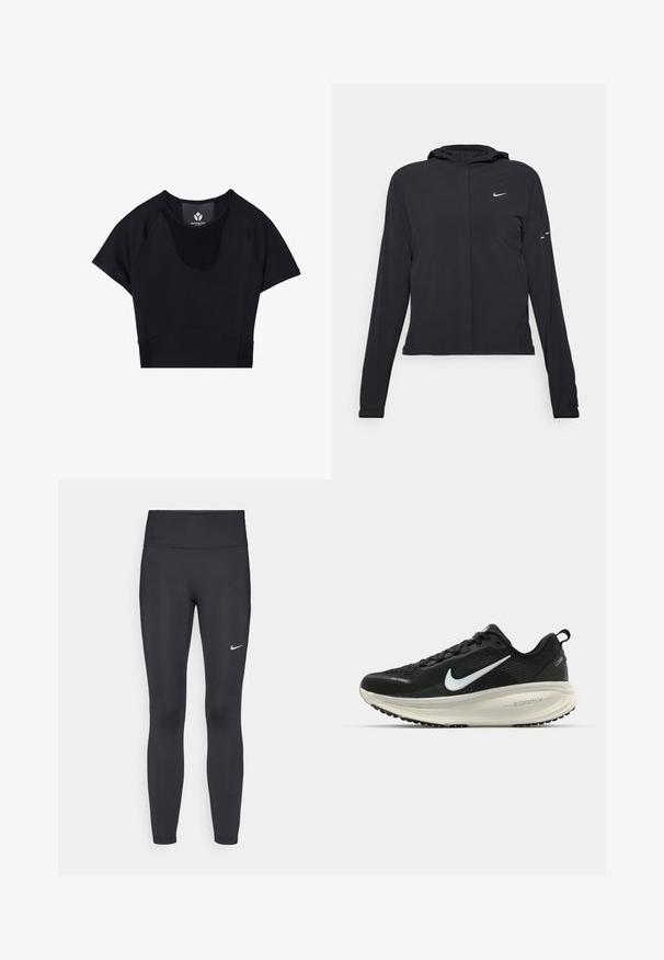 Sort hættetrøje med lange ærmer, lavet af letvægtsmateriale. Har en frontlynlås, et Nike-logo og subtile designaccenter.; Sorte atletiske cropped top med korte ærmer, har en rund hals, teksturerede paneldetaljer og en tætsiddende design for et strømlinet look.; Sorte leggings lavet af strækbart stof, med en høj talje og et hvidt Nike-logo på venstre lår. Glat tekstur, tætsiddende design.; Sort Nike løbesko med åndbart mesh-overdel, hvidt swoosh-logo, tekstureret detaljering og en cremede ZoomX mellemsål.