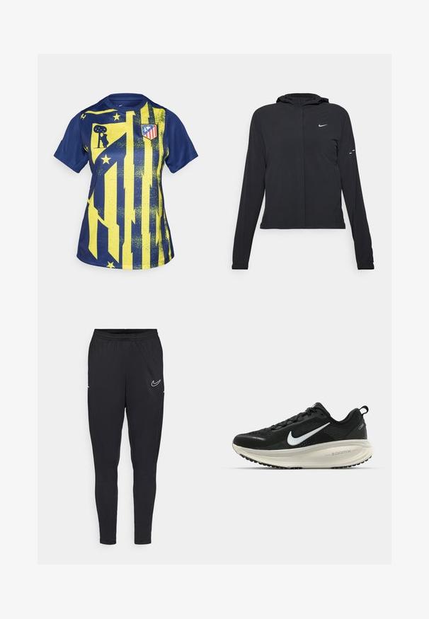 Veste à capuche noire avec des manches longues, fabriquée en matériau léger. Elle comporte une fermeture éclair à l'avant, un logo Nike et des accents de design subtils.; T-shirt de sport bleu et jaune avec un design graphique comprenant des rayures, des étoiles et un logo de club. Fabriqué en matériau synthétique lisse.; Pantalons de sport noirs en tissu léger, avec une taille élastique, une coupe ajustée et un logo Nike blanc sur la cuisse.; Baskets de course noir Nike avec tige respirante en mesh, logo swoosh blanc, détails texturés et semelle intermédiaire ZoomX de couleur crème.