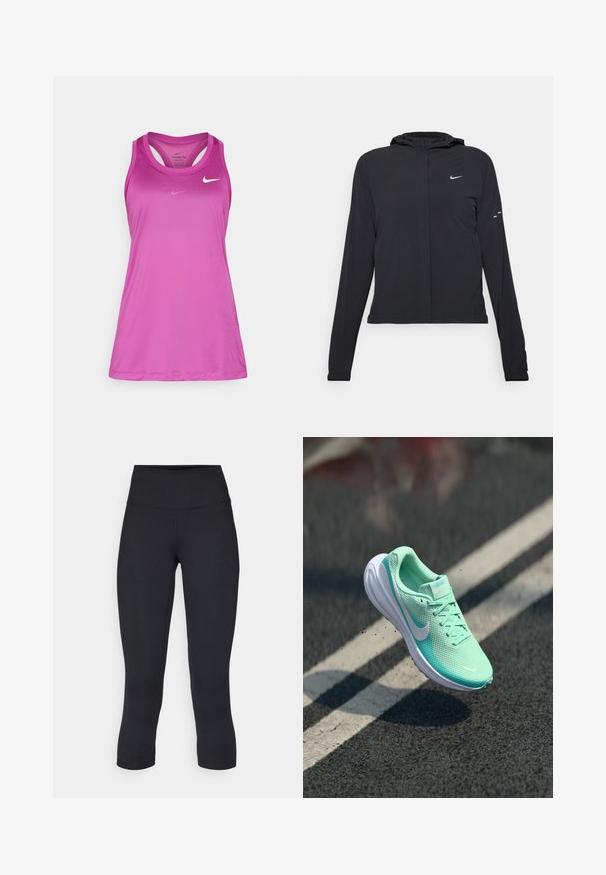 Črna kapuča s dolgimi rokavi, izdelana iz lahkega materiala. Ima sprednji zadrgo, logotip Nike in subtilne oblikovne detajle.; Nike Performance TANK - Top - hot fuchsia; Črne skrajšane legice iz raztegljive tkanine, z visokim pasom in gladko teksturo, brez vidnih vzorcev ali kovinskih delov.; Lahka tekmovalna čevlja v meti zeleni barvi z mrežastim zgornjim delom, oblazinjeno ovratnikom in belim gumijastim podplat. Nike logo na strani; vezi so vidne.
