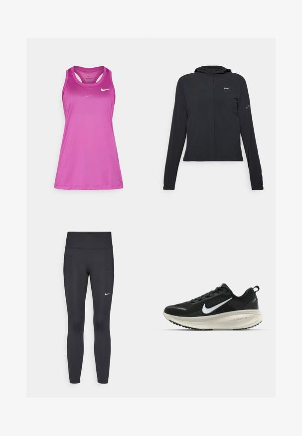 Juodas gobtuvas striukė su ilgomis rankovėmis, pagaminta iš lengvo audinio. Pasižymi priekiniais užtrauktukais, Nike logotipu ir subtiliais dizaino akcentais.; Nike Performance TANK - Viršus - hot fuchsia; Juodi leggingai iš elastingos medžiagos, turintys aukštą juosmenį ir baltą Nike logotipą kairėje šlaunyje. Lygus paviršius, prigludusi dizainas.; Juodas Nike sportinis batelis su kvėpuojančiu tinklu, baltu swoosh logotipu, tekstūruoto dizaino detalėmis ir grietinėlės spalvos ZoomX viduriu.