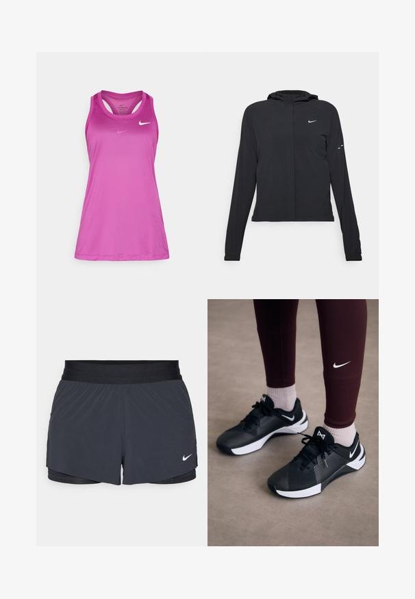 Mustassa hupparissa on pitkät hihat, ja se on valmistettu kevyestä materiaalista. Siinä on edessä vetoketju, Nike-logo ja hillityt muotoiluyksityiskohdat.; Nike Performance TANK - Toppi - hot fuchsia; Mustat urheilushortsit, joissa on joustava vyötärö. Shortseissa on kerroksellinen muotoilu ja pieni valkoinen Nike-logo vasemmassa alareunassa. Kevyt materiaali.; Mustat urheilukengät, joissa on teksturoitu päällinen ja valkoiset yksityiskohdat, varustettuna nauhoilla ja sivulogolla. Yhdistettynä viininpunaisiin legginsseihin ja vaaleisiin sukkiin.