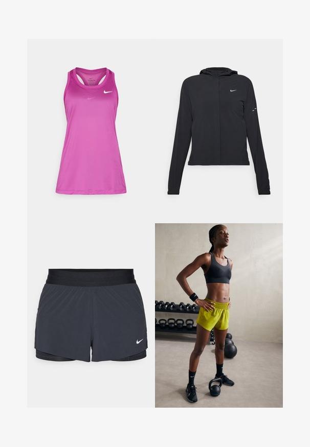 Black hooded jacket with long sleeves, made from lightweight material. Features a front zipper, a Nike logo, and subtle design accents.; Nike Performance TANK - Top - hot fuchsia; Black athletic shorts with an elastic waistband, featuring a layered design and a small white Nike logo on the lower left. Lightweight material.; Black sports bra, bright yellow shorts with an elastic waistband, black athletic shoes, and wristbands, standing beside kettlebells.