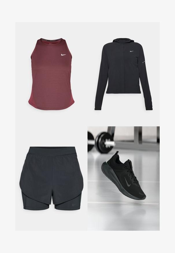 Must musta kapuutsiga jakk, millel on pikad varrukad ja mis on valmistatud kergetest materjalidest. Omab esitaskut, Nike logo ja kergelt silmatorkavaid disainiaktsente.; Burgundia kampsärgina, millel on ümar kaelus, ilma varrukateta disain, hingavad külgmised siserakud ja väike valge Nike logo ees.; Mustad musta sportlikud lühikesed püksid kihilise disainiga, millel on sile välimine kiht ja istuvad sisepüksid. Valmistatud kergest, venivast kangast.; Mustad mustang spordijalatsid Nike logo'ga, õhus spordisaali põrandal, häguste hantlite riiulitega taustal.