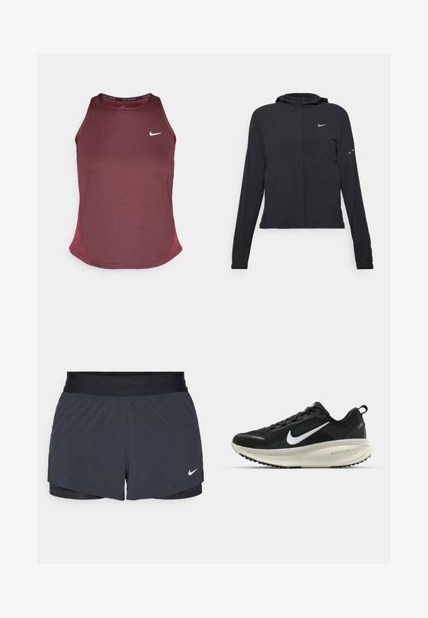 Čierna kapucňová bunda s dlhou rukávou, vyrobená z ľahkého materiálu. Má predný zips, logo Nike a jemné dizajnové akcenty.; Burgundská tielko s okrúhlym výstrihom, bez rukávov, priedušnými bočnými sieťovinami a malým bielym logom Nike na prednej strane.; Čierne športové šortky s elastickým pásom, ktoré majú vrstvený dizajn a malú bielu aplikáciu loga Nike v dolnom ľavom rohu. Ľahký materiál.; Čierne bežecké topánky Nike s priedušnou sieťovinou, bielym logom s symbolom swoosh, textúrovanými detailmi a krémovou ZoomX medzipodrážkou.