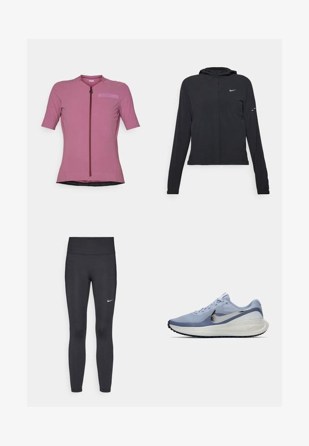 Črna kapuča s dolgimi rokavi, izdelana iz lahkega materiala. Ima sprednji zadrgo, logotip Nike in subtilne oblikovne detajle.; Kolesarska majica s kratkimi rokavi v svetlo rožnati barvi, z zadrgo spredaj, teksturirano tkanino in logotipom v rahlo temnejši senci.; Črne legice iz elastične tkanine, z visokim pasom in belim Nike logo na levem stegnu. Gladka tekstura, oblikovno prilegajoč dizajn.; Svetlo modra in bela tekaška čevlja Nike s srebrnim logotipom swoosh, zračnim mrežastim zgornjim delom, oblazinjenim podplatom in črnim podplatom.