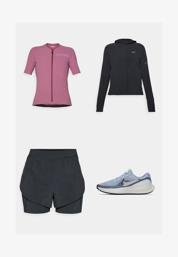 Czarna kurtka z kapturem, z długimi rękawami, wykonana z lekkiego materiału. Posiada zamek błyskawiczny z przodu, logo Nike oraz subtelne akcenty wzornicze.; Koszulka rowerowa z krótkim rękawem w jasnoróżowym kolorze, z zamkiem błyskawicznym z przodu, teksturowanym materiałem i łatą z logo w odcieniu nieco ciemniejszym.; Czarne spodenki sportowe z warstwowym krojem, z gładką zewnętrzną warstwą i dopasowanymi wewnętrznymi spodniami. Wykonane z lekkiej, elastycznej tkaniny.; Jasnoniebieski i biały but do biegania Nike z srebrnym logo, oddychający siateczkowy cholewką, amortyzowaną podeszwą i czarnym bieżnikiem.