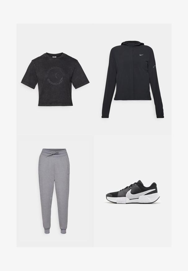 Melnā kapuci jaka ar garām piedurknēm, izgatavota no viegla materiāla. Tam ir priekšējais rāvējslēdzis, Nike logo un smalki dizaina akcenti.; Melnā īsā krekla ar apaļu kakla izgriezumu, izgatavota no mīksta kokvilnas. Priekšā ir smalks apļa formas uzraksts "CHAMPIONS" un īsas piedurknes.; Pelēkas, sašaurinātas sporta bikses ar jostu ar auklu, elastīgiem uzmavām un diskrētu Nike logo uz kreisās augšstilba. Mīksts, teksturēts audums.; Melna un balta sporta apavi ar strukturētu augšdaļu, izteiksmīgu Nike logo un atšķirīgu zoles dizainu, kas uzlabo saķeri un stabilitāti.