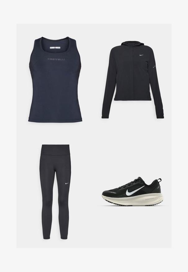 Svart huva jacka med långa ärmar, gjord av lätt material. Har en framdragare, en Nike-logotyp och subtila designelement.; Marinblå atletisk tanktopp gjord av mjukt, elastiskt tyg. Har en rundad halsringning och diskret logotyp på bröstet.; Svarta leggings i elastiskt material, med hög midja och en vit Nike-logga på vänster lår. Slät textur, figurnära design.; Svart Nike löparsko med andningsbart mesh-ovandel, vit swoosh-logotyp, texturerad detaljering och en krämfärgad ZoomX-mellansula.
