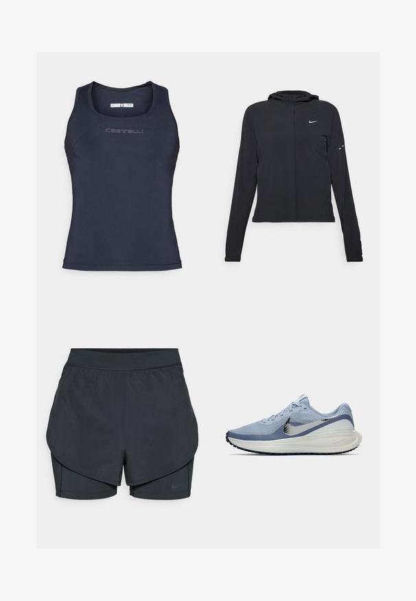 Juodas gobtuvas striukė su ilgomis rankovėmis, pagaminta iš lengvo audinio. Pasižymi priekiniais užtrauktukais, Nike logotipu ir subtiliais dizaino akcentais.; Tamsiai mėlynas sportinis marškinėlis be rankovių, pagamintas iš lygaus, tamprus audinio. Turi apvalų iškirpimą ir subtilų ženklinimą krūtinėje.; Juodi sportiniai šortai su sluoksniuota konstrukcija, turintys sklandų išorinį sluoksnį ir prigludusius vidinius šortus. Pagaminti iš lengvos, tamprios medžiagos.; Šviesiai mėlyna ir balta Nike bėgimo batai su sidabriniu swoosh, kvėpuojantis tinklinis viršus, paminkštinta pado dalis ir juodas pado raštas.