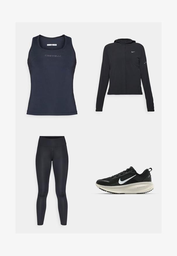 Svart hettegenser med lange ermer, laget av lett materiale. Har glidelås foran, Nike-logo og subtile design detaljer.; Marineblå idrettstopp laget av glatt, elastisk stoff. Har rund halsutringning og diskret merke på brystet.; Sorte leggings laget av glatt, elastisk materiale. Høy midje uten synlige mønstre eller detaljer. Sitter tett fra midjen til anklene.; Svart Nike løpesko med pustende mesh-overdel, hvit swoosh-logo, teksturert detaljer og en kremfarget ZoomX mellomsåle.