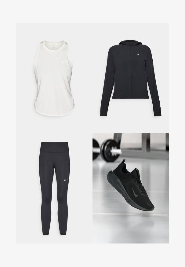 Svart huva jacka med långa ärmar, gjord av lätt material. Har en framdragare, en Nike-logotyp och subtila designelement.; Nike damtopp i vitt, tillverkad av lättviktsmaterial, med rund halsringning, racerback-design och en reflexlogotyp på framsidan.; Svarta leggings i elastiskt material, med hög midja och en vit Nike-logga på vänster lår. Slät textur, figurnära design.; Svarta sportskor med Nike-logotyp, visade mitt i luften på gymgolvet, med en suddig hantelställning i bakgrunden.