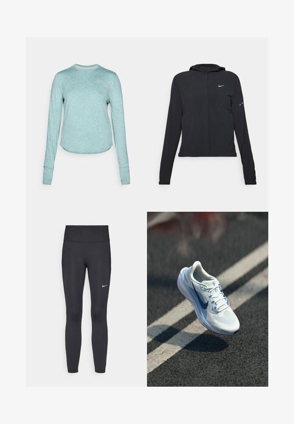 Černá kapucňová bunda s dlouhými rukávy, vyrobená z lehkého materiálu. Obsahuje přední zip, logo Nike a decentní designové akcenty.; Dlouhý rukáv, světle tyrkysové sportovní tričko. Vyrobeno z texturované, vlhkost odvádějící tkaniny s kulatým lemem a otvory pro palce na rukávech.; Černé legíny vyrobené z elastického materiálu, s vysokým pasem a bílým logem Nike na levém stehně. Hladká textura, přiléhavý střih.; Bílé sportovní boty s prodyšným síťovaným svrškem a modrými akcenty. Mají polstrovanou podrážku a ploché tkaničky. Mezipodešev zobrazuje značku "Air Zoom".