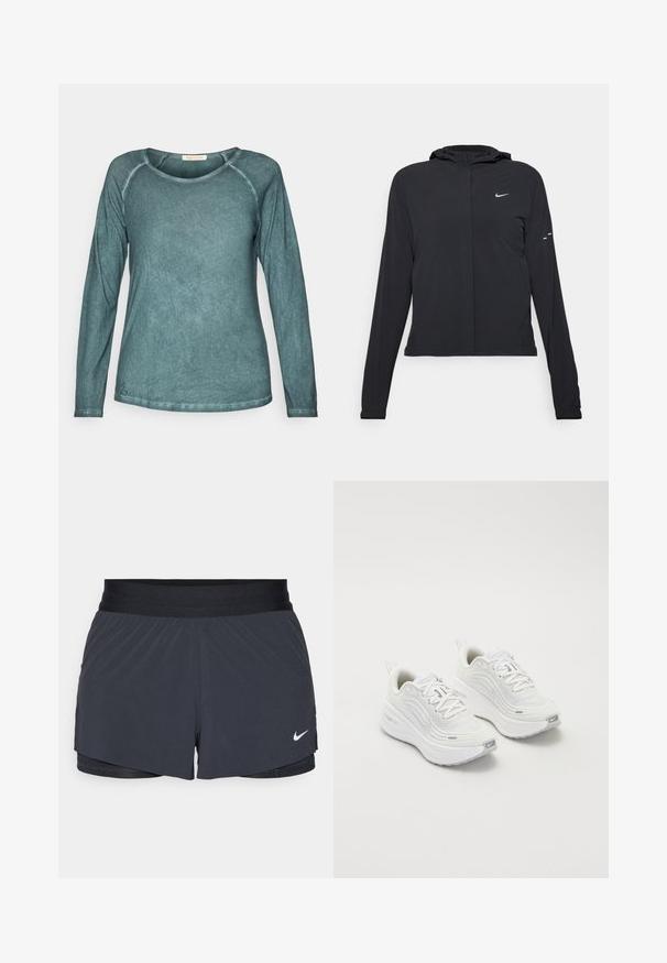 Fekete kapucnis dzseki hosszú ujjakkal, könnyű anyagból készült. Elülső cipzárral, Nike logóval és diszkrét dizájn elemekkel rendelkezik.; Yogasearcher BIONIKARA - Hosszú ujjú felső - forest; Fekete sportnadrág elasztikus derékkal, réteges kialakítással és kis fehér Nike logóval a bal alsó részen. Könnyű anyag.; Fehér sportcipő, texturált hálós felsőrésszel, párnázott talppal és diszkrét szürke díszítésekkel. Tartalmazza a márkázást és a könnyű felhúzást segítő hurkot a sarokrészen.