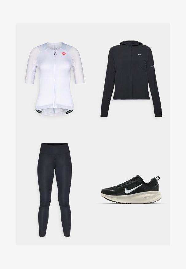Casaco preto com capuz e mangas longas, feito de material leve. Apresenta um fecho dourado na frente, um logótipo da Nike e detalhes de design subtis.; Camisola de ciclismo branca com mangas curtas, painéis laterais texturizados, design ajustado, fecho frontal completo e um pequeno logotipo no peito.; Leggings pretas feitos de um tecido liso e elástico. Cintura alta sem padrões ou detalhes visíveis. Ajustam-se de forma justa da cintura até os tornozelos.; Sapatilha de corrida Nike preta com parte superior de malha respirável, logotipo Swoosh branco, detalhes texturizados e uma entressola ZoomX na cor creme.
