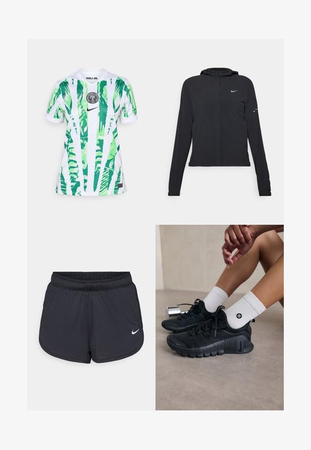 Černá kapucňová bunda s dlouhými rukávy, vyrobená z lehkého materiálu. Obsahuje přední zip, logo Nike a decentní designové akcenty.; Bílé fotbalové dresy s vzorem zelených palmových listů, kulatým výstřihem, krátkými rukávy, logem Nike a emblémem Nigerijské fotbalové federace.; Černé atletické šortky s elastickým pasem, sportovním designem a bílým logem Nike na spodní přední straně. Texturovaná látka.; Černé sportovní boty s texturovanou látkou, šněrováním a výraznou podrážkou, v kombinaci s bílými žebrovanými ponožkami s malým logem.
