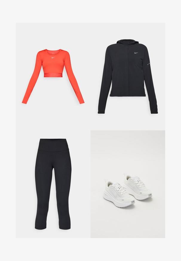 Fekete kapucnis dzseki hosszú ujjakkal, könnyű anyagból készült. Elülső cipzárral, Nike logóval és diszkrét dizájn elemekkel rendelkezik.; Piros, hosszú ujjú, rövidített sportfelső rugalmas anyagból, kerek nyakkivágással és diszkrét "NIKE PRO" márkalogóval ellátott elasztikus szegéllyel.; Fekete, rövidített leggings elasztikus anyagból, magas derékkal és sima textúrával, látható minták vagy fémalkatrészek nélkül.; Fehér sportcipő, texturált hálós felsőrésszel, párnázott talppal és diszkrét szürke díszítésekkel. Tartalmazza a márkázást és a könnyű felhúzást segítő hurkot a sarokrészen.