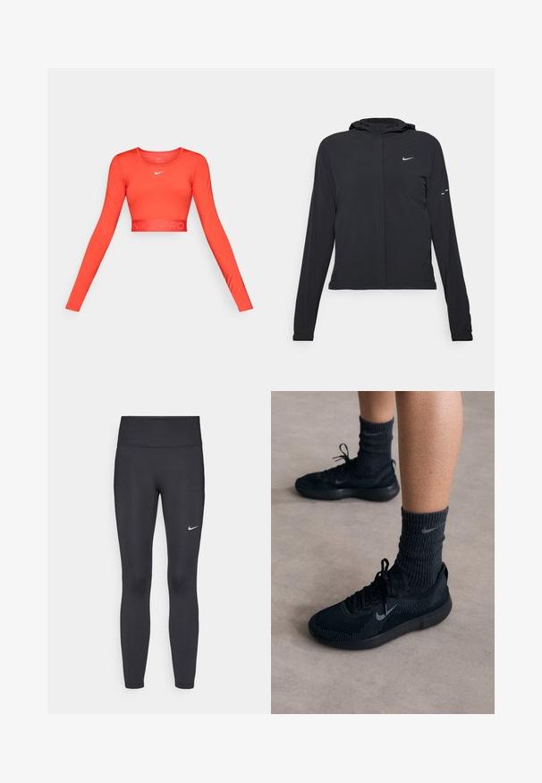 Svart huva jacka med långa ärmar, gjord av lätt material. Har en framdragare, en Nike-logotyp och subtila designelement.; Röd långärmad kortärmad träningstopp av elastiskt material, med rund halsringning och en märkeselastisk nederkant med "NIKE PRO" i en subtil design.; Svarta leggings i elastiskt material, med hög midja och en vit Nike-logga på vänster lår. Slät textur, figurnära design.; Svarta Nike-sneakers med övre i strukturerad stickning, med en grå swoosh-logotyp, parat med mörka ribbade strumpor. Platt gummisula.