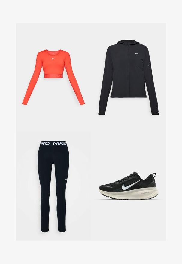Fekete kapucnis dzseki hosszú ujjakkal, könnyű anyagból készült. Elülső cipzárral, Nike logóval és diszkrét dizájn elemekkel rendelkezik.; Piros, hosszú ujjú, rövidített sportfelső rugalmas anyagból, kerek nyakkivágással és diszkrét "NIKE PRO" márkalogóval ellátott elasztikus szegéllyel.; Fekete Nike leggings Pro derékkal, bal combon fehér logóval. Rugalmas anyagból készült, kényelmet és mozgást biztosít.; Fekete Nike futócipő légáteresztő hálós felsőrésszel, fehér Swoosh logóval, textúrázott részletekkel és krém színű ZoomX középtalppal.