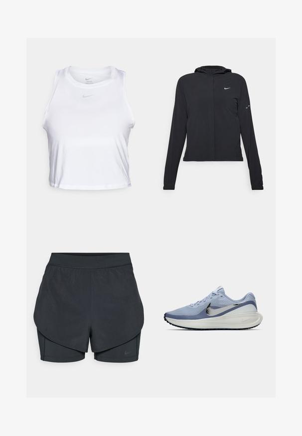 Černá kapucňová bunda s dlouhými rukávy, vyrobená z lehkého materiálu. Obsahuje přední zip, logo Nike a decentní designové akcenty.; Bílý bezrukávový crop top vyrobený z hladkého Dri-FIT materiálu. Má malé šedé logo Nike na hrudi a kulatý výstřih.; Černé sportovní šortky se vrstveným designem, s hladkým vnějším pláštěm a přiléhavými vnitřními šortkami. Vyrobené z lehké, pružné tkaniny.; Světle modrá a bílá běžecká bota Nike se stříbrným logem swoosh, prodyšným síťovaným svrškem, polstrovanou podešví a černým vzorem na podrážce.