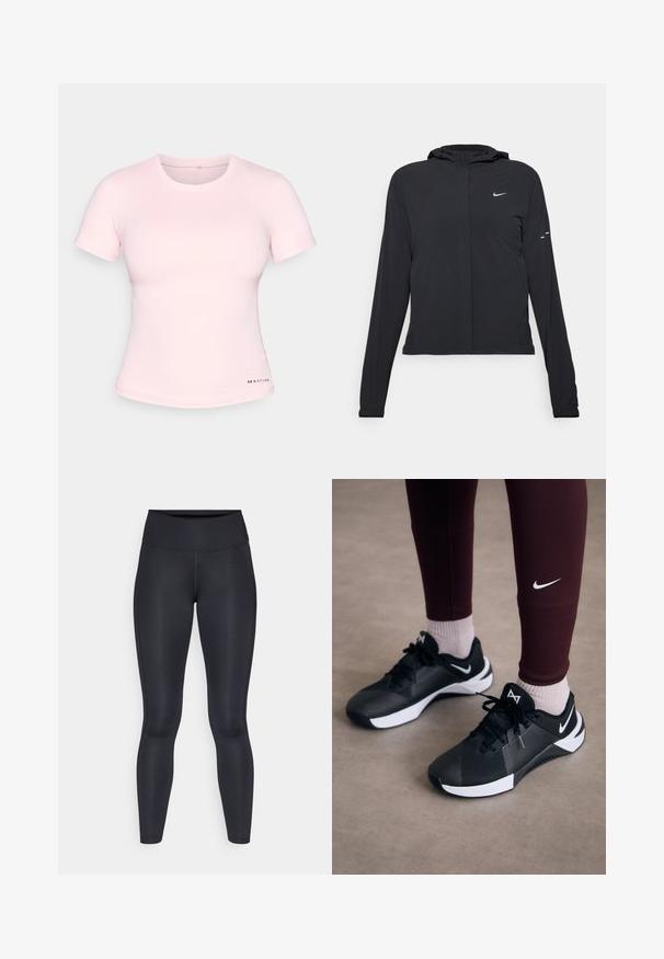 Fekete kapucnis dzseki hosszú ujjakkal, könnyű anyagból készült. Elülső cipzárral, Nike logóval és diszkrét dizájn elemekkel rendelkezik.; P.E Nation FOUNDATION TEE - Basic póló - chalk pink; Fekete leggings sima, rugalmas anyagból. Magas derék, látható minták vagy díszítések nélkül. Szorosan illeszkedik a derektól a bokáig.; Fekete sportcipők texturált felsőrésszel és fehér akcentussal, fűzőkkel és oldalsó logóval. Bordó leggingsszel és világos zoknival viselve.